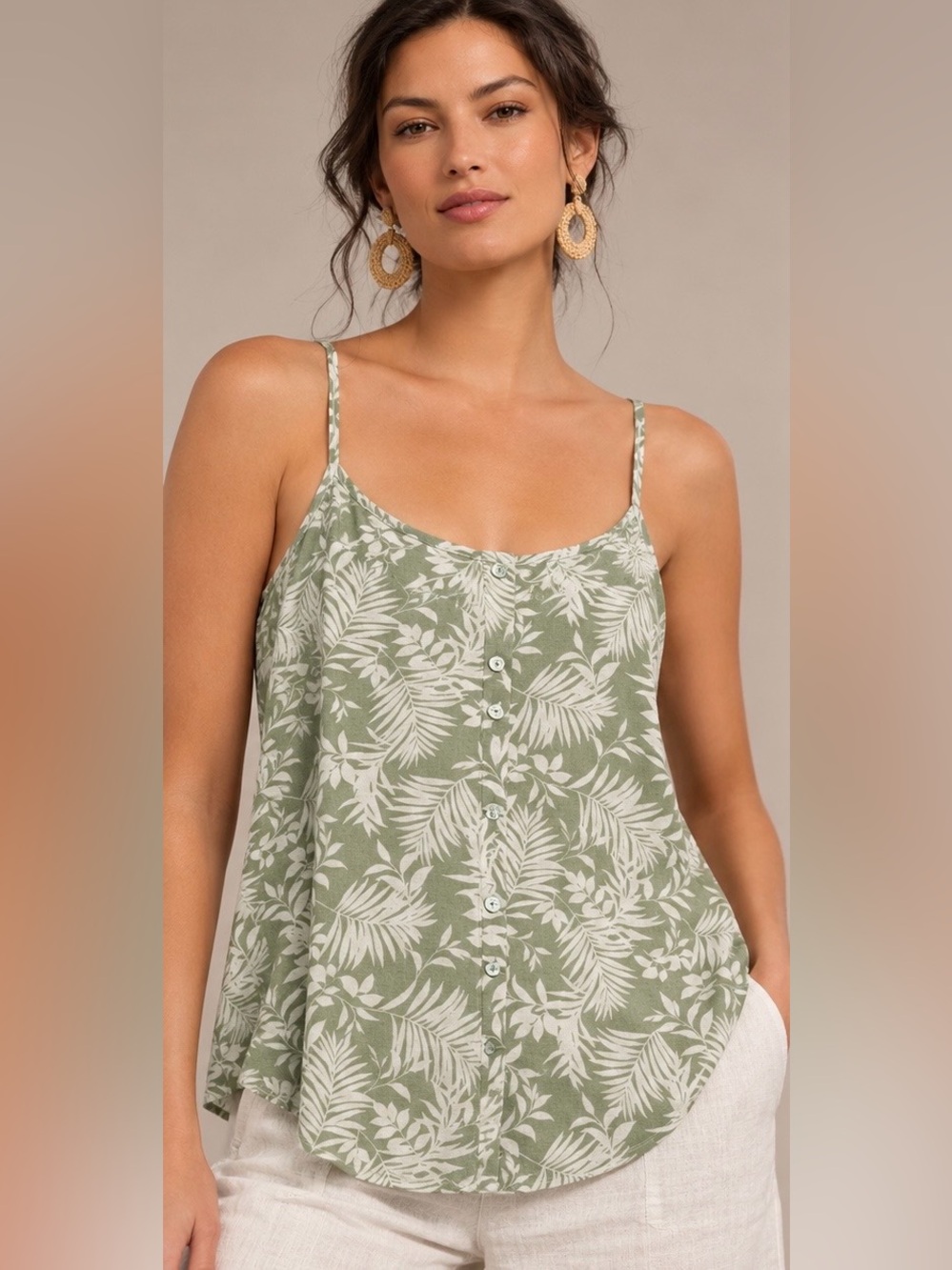 MINE Anthropologie Sage Green Tropical Leaf Cami Tank Top Large